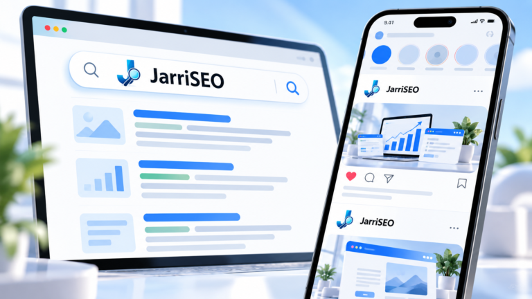 Buscador con JarriSEO y móvil con una red social para comparar SEO, publicidad y diseño web